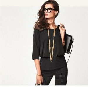 CABI Womens Medium Black Indulgence 3/4 Sleeve Split Back Banded Waist Top Shirt